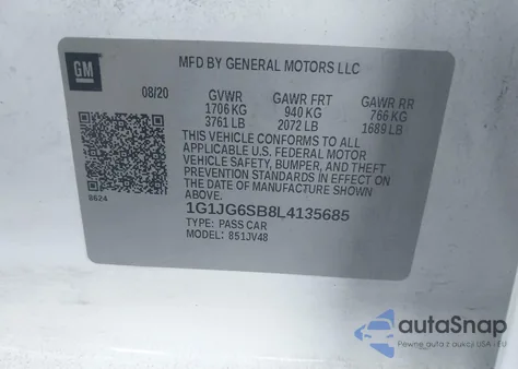 2020 Chevrolet Sonic Fwd 1Fl 5-Door из США, поврежденный, VIN 1G1JG6SB8L4135685